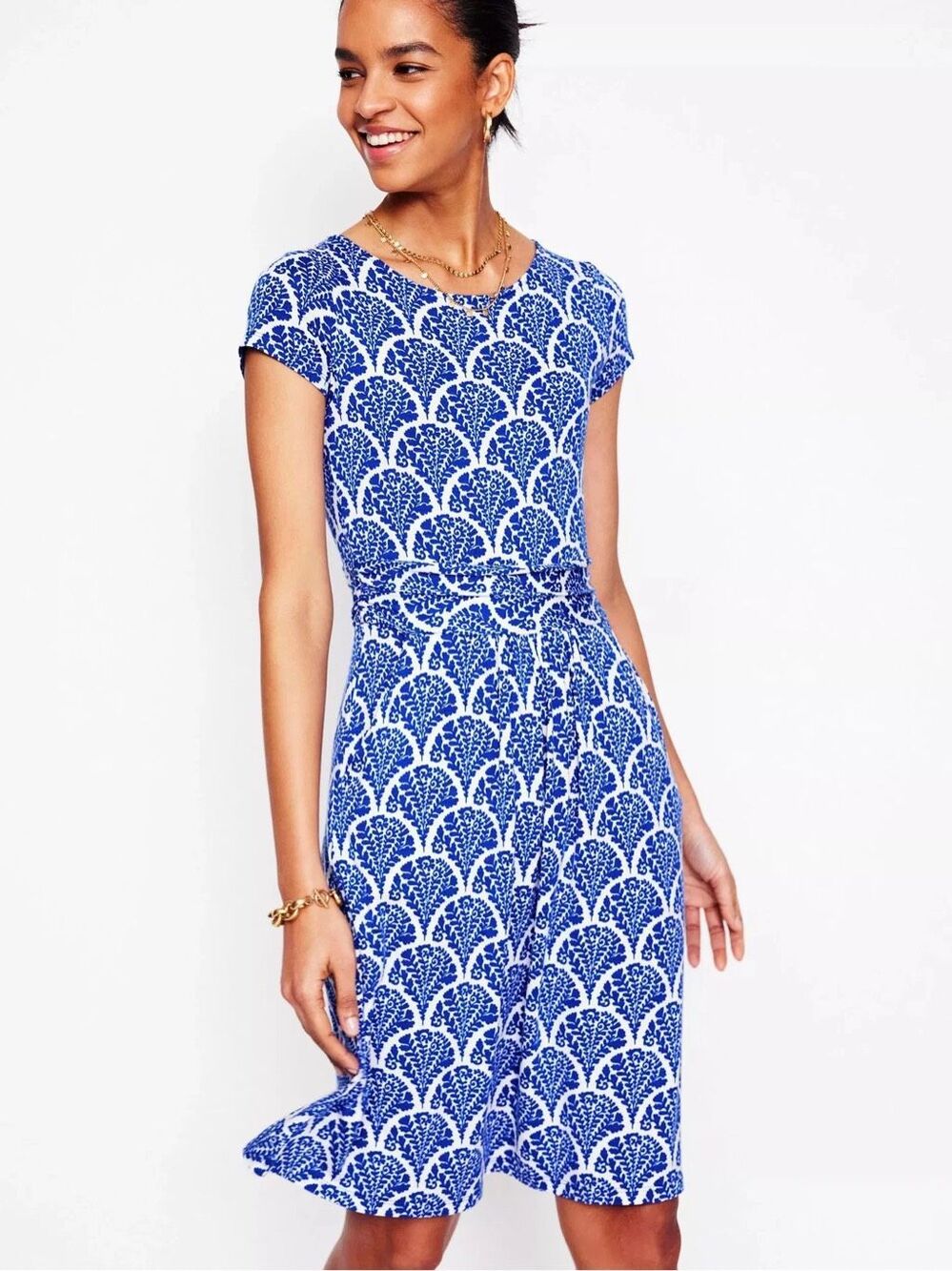 Boden Amelie Jersey Dress Blue White Floral Print Ruched Fit & Flare Pockets 10R